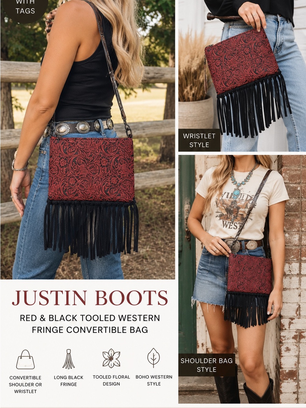 Justin Boots Red Black Tooled Western Fringe Convertible Shoulder Bag NWT